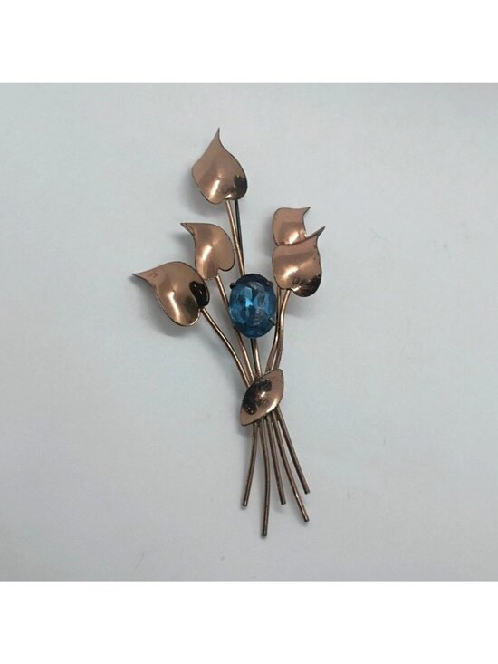Sterling by Jordan Jewelry - Vtg Sterling by Jordan Gold Vermeil w/Blue Rhinestone Leaf Bouquet Brooch Large